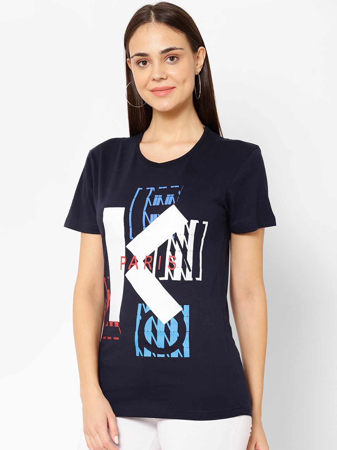 

MACK JONNEY Women Navy Blue Printed Round Neck T-shirt