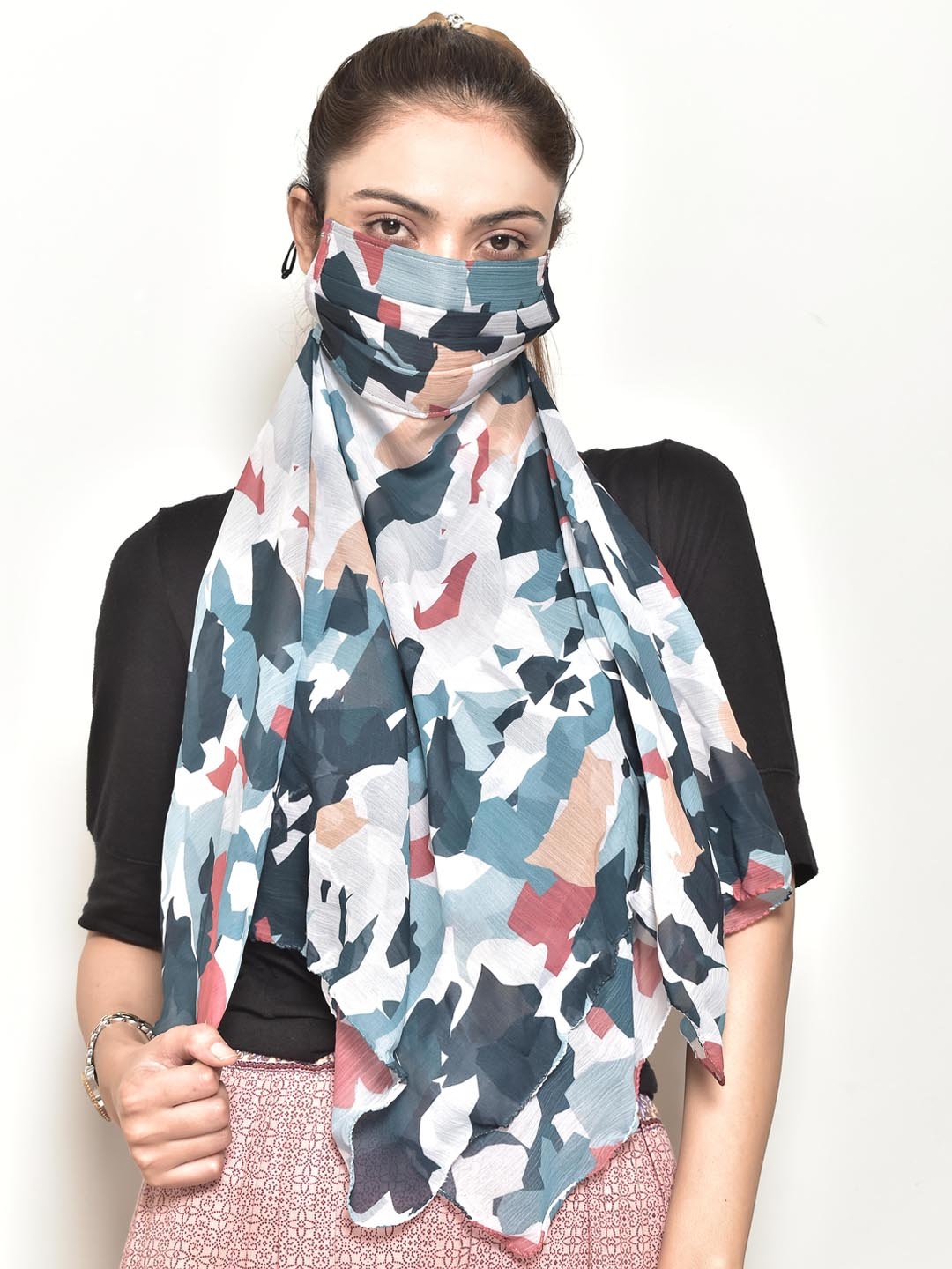 

SWAYAM Unisex White & Blue Printed Single 3-Ply Reusable Scarf Style Mask