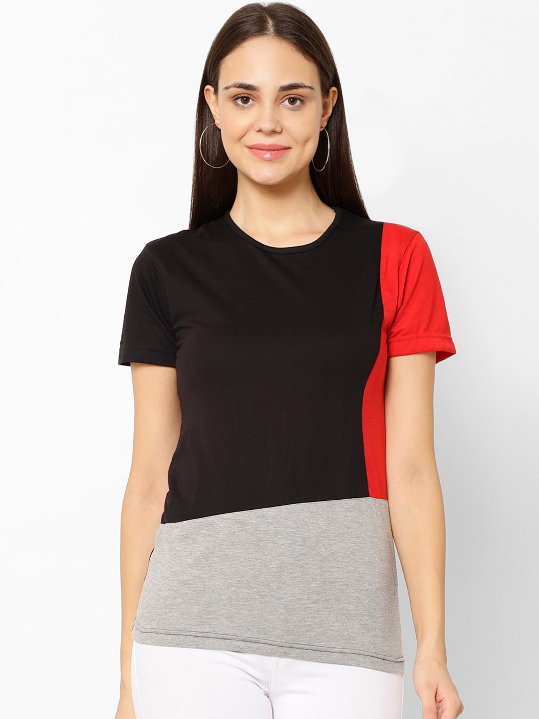

VIMAL JONNEY Women Black & Grey Colourblocked Round Neck T-shirt