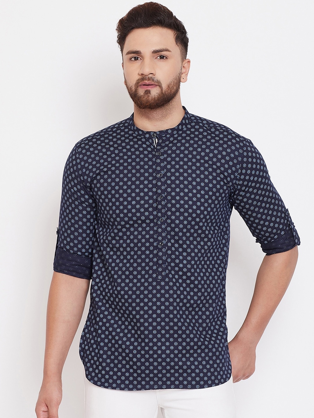 

even Men Navy Blue Printed Fusion Straight Kurta