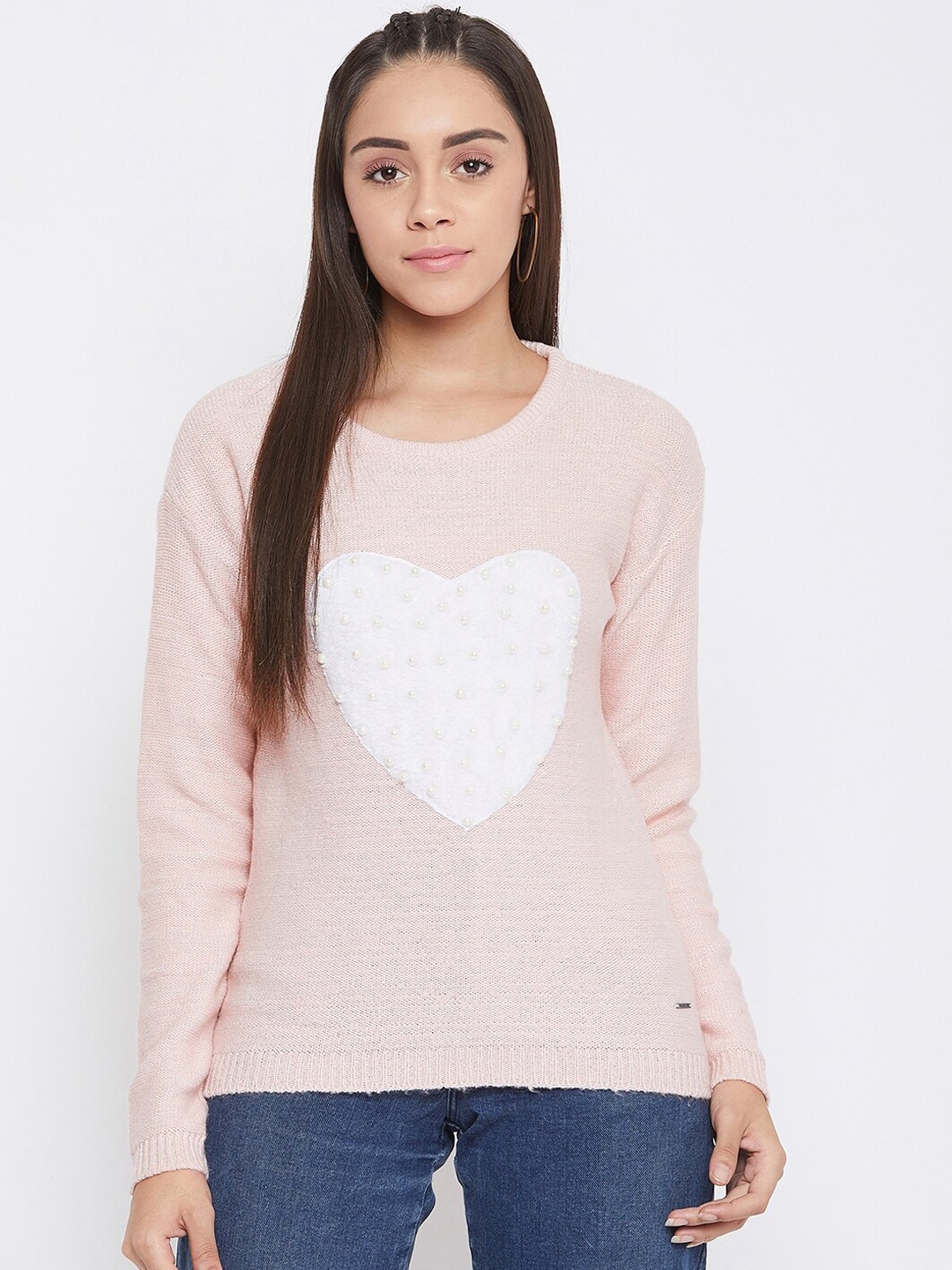 

Crimsoune Club Women Pink & White Embellished Acrylic Pullover
