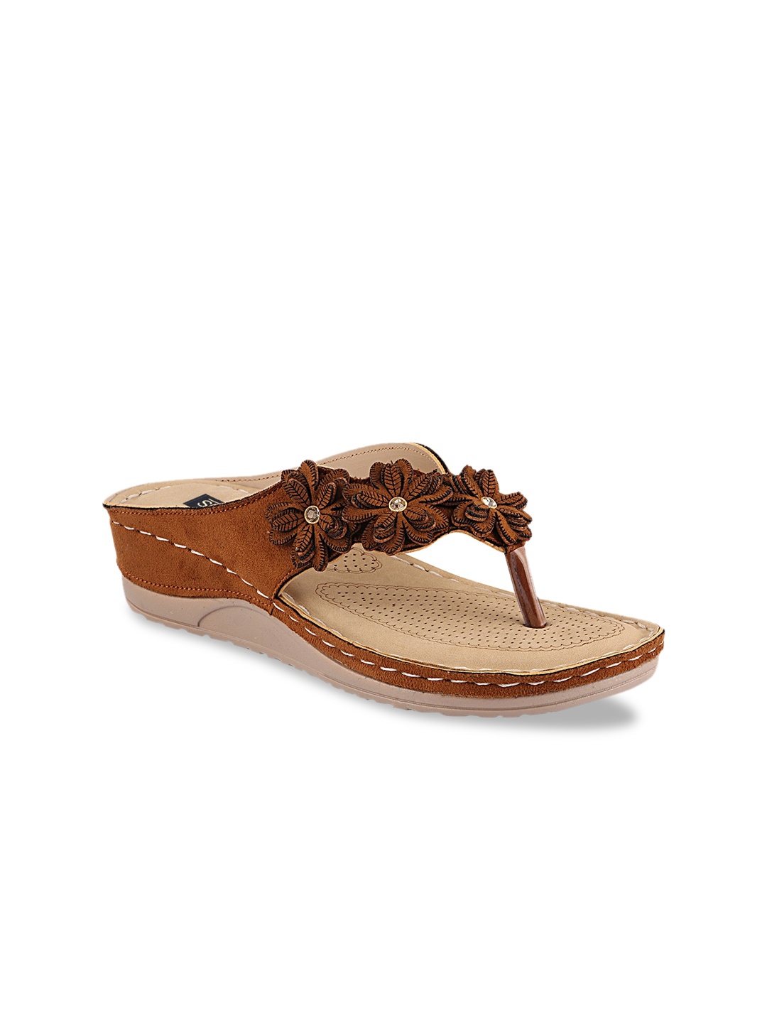 

Shoetopia Women Brown Embellished Suede Open Toe Flats