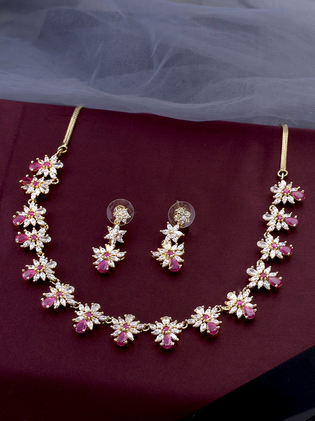 

Yellow Chimes Gold-Plated Pink & White AD-Studded Handcrafted Jewellery Set