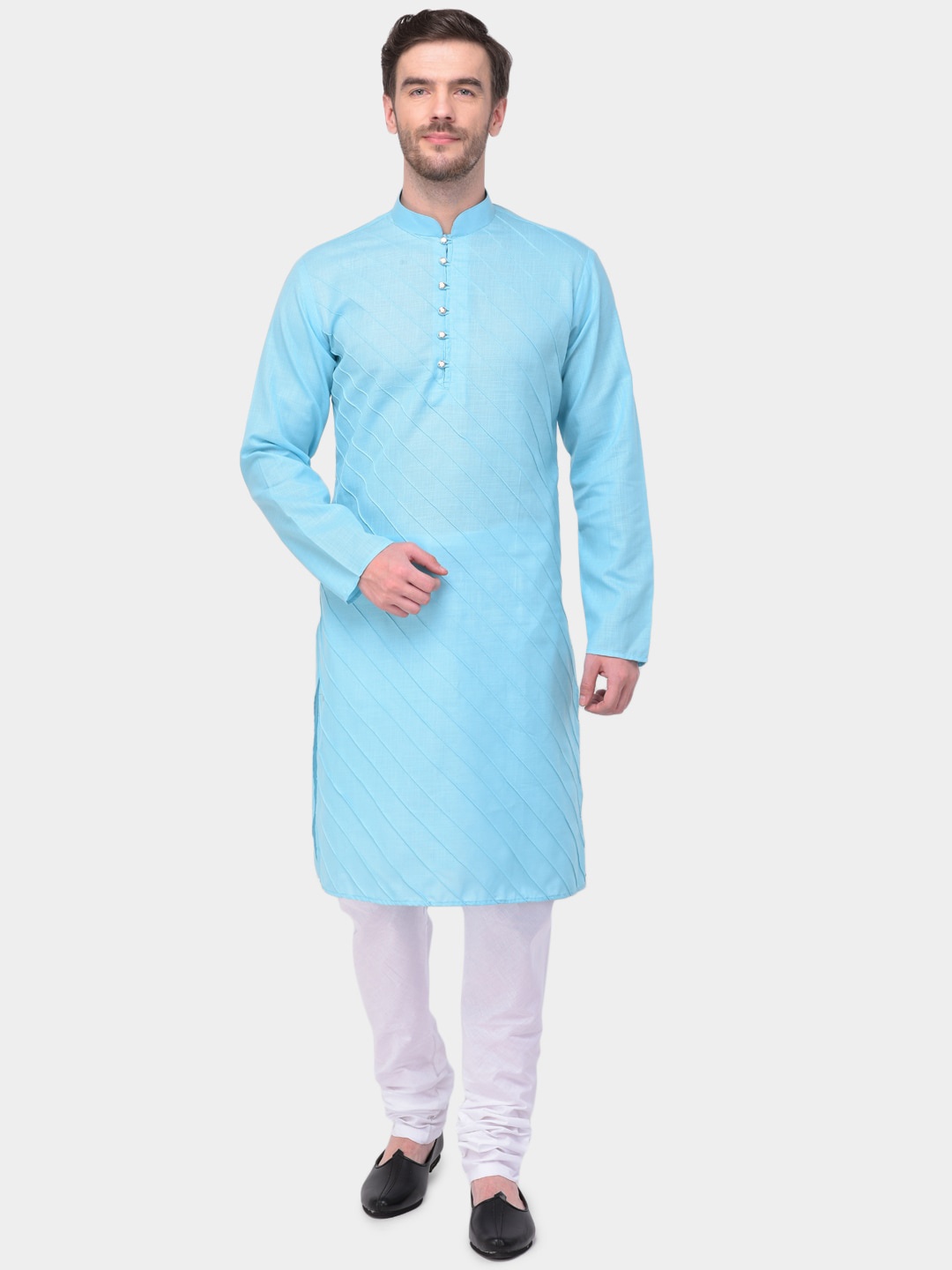 

SG LEMAN Men Turquoise Blue & White Woven Design Kurta with Churidar