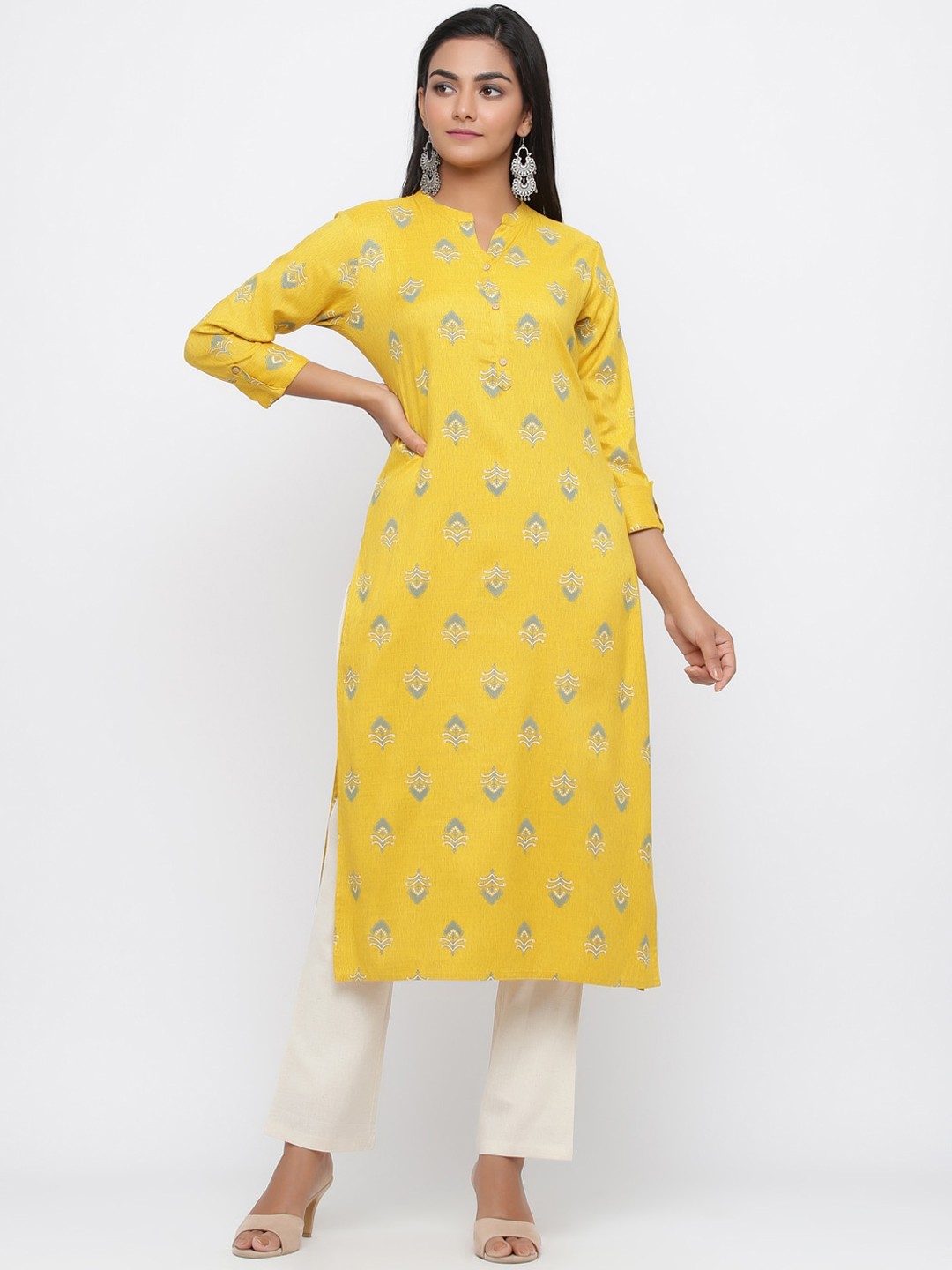 

Silai Bunai Women Yellow Printed Kurta with Churidar