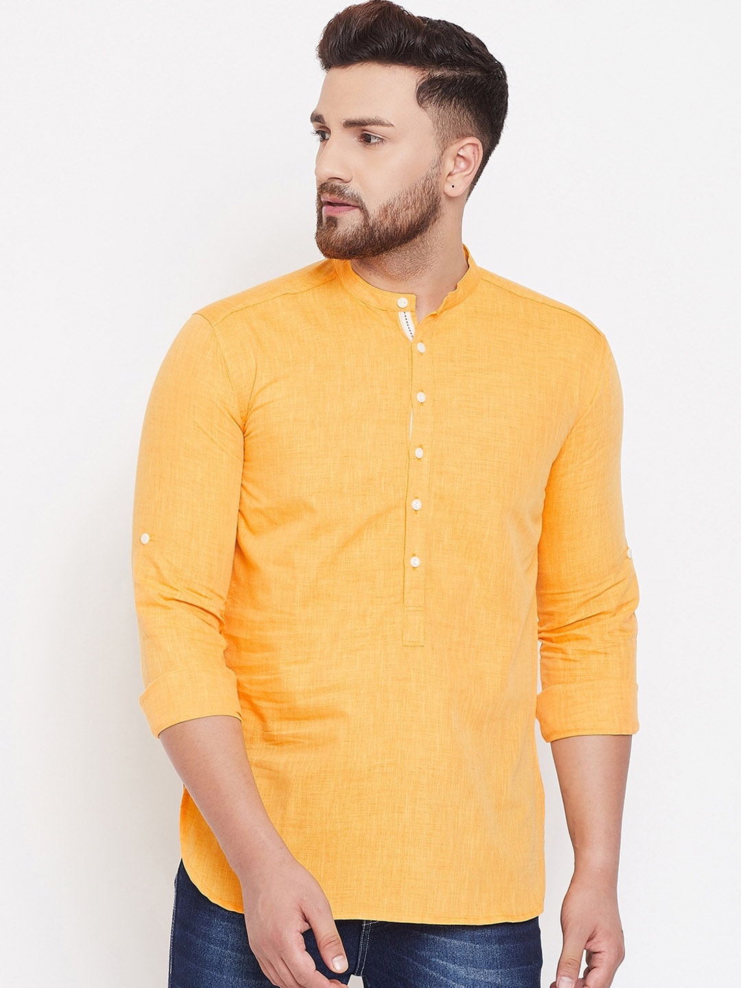 

even Men Yellow Solid Straight Linen Kurta