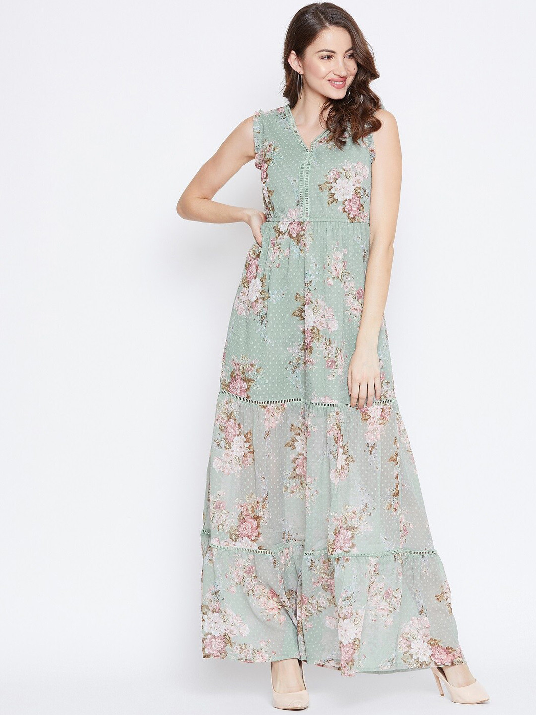 

Berrylush Women Green Floral Print Maxi Dress