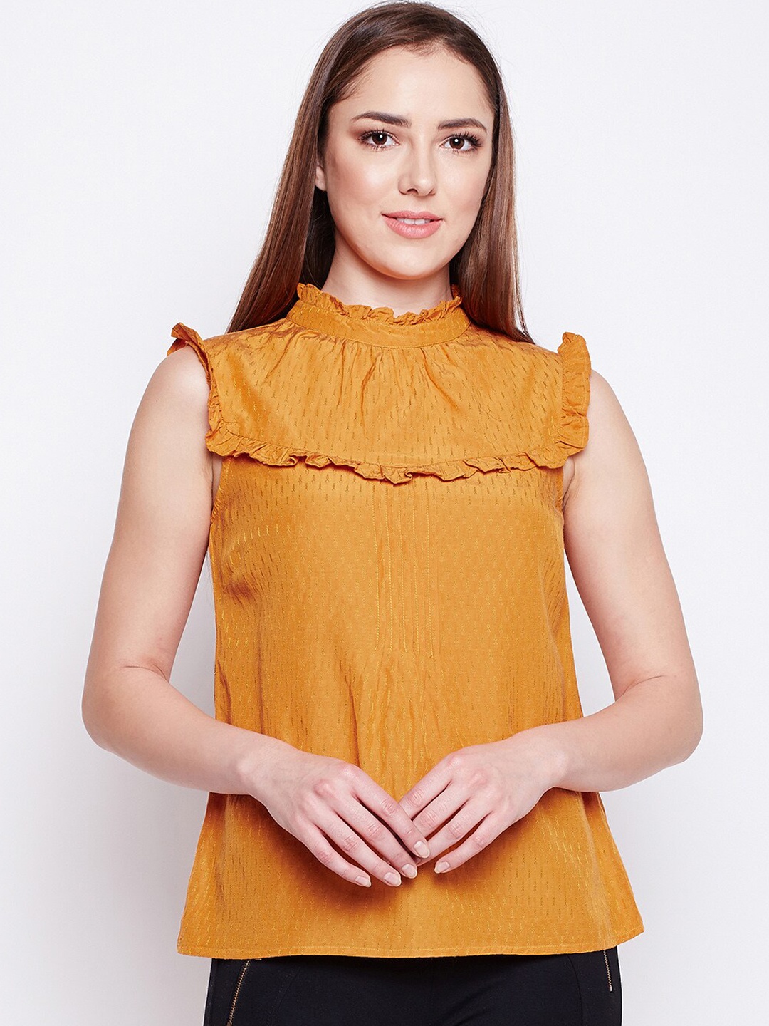 

Oxolloxo Women Mustard Yellow Self Design Top