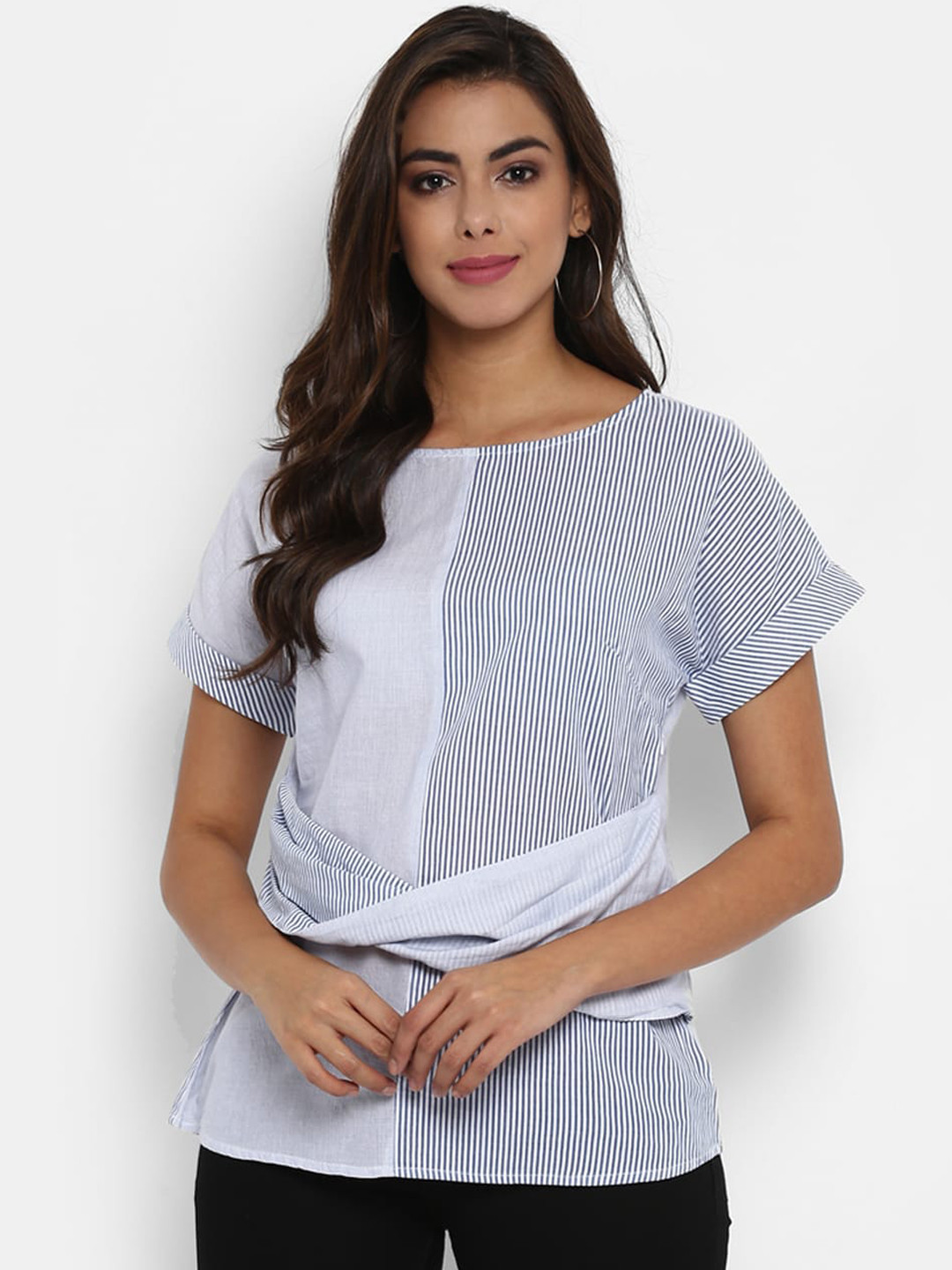 

Aditi Wasan Women White & Navy Blue Striped Top with Twisted Detail