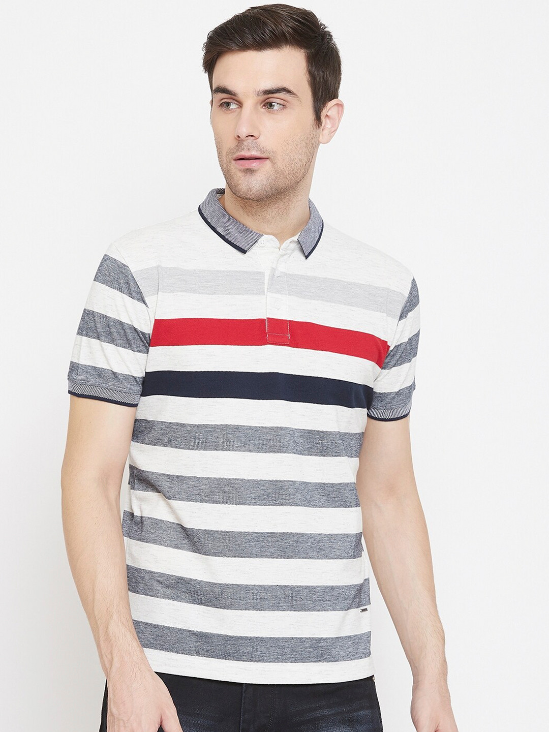 

Crimsoune Club Men White & Grey Striped Polo Collar T-shirt