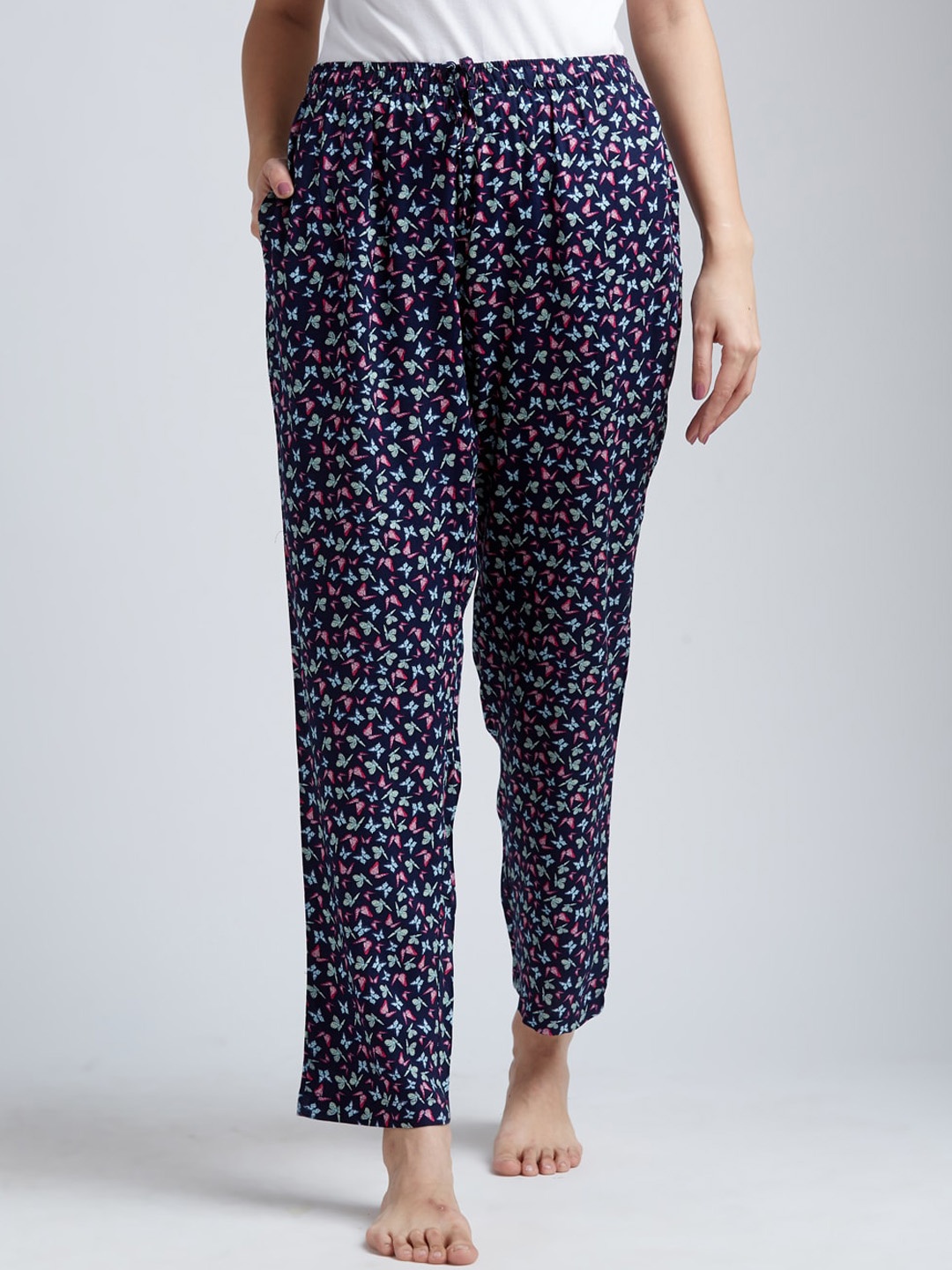 

DRAPE IN VOGUE Women Navy Blue & Pink Butterfly Printed Lounge Pants