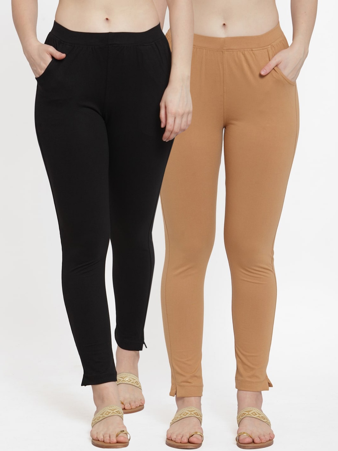 

TAG 7 Women Pack Of 2 Solid Straight-Fit Ankle-Length Leggings, Beige