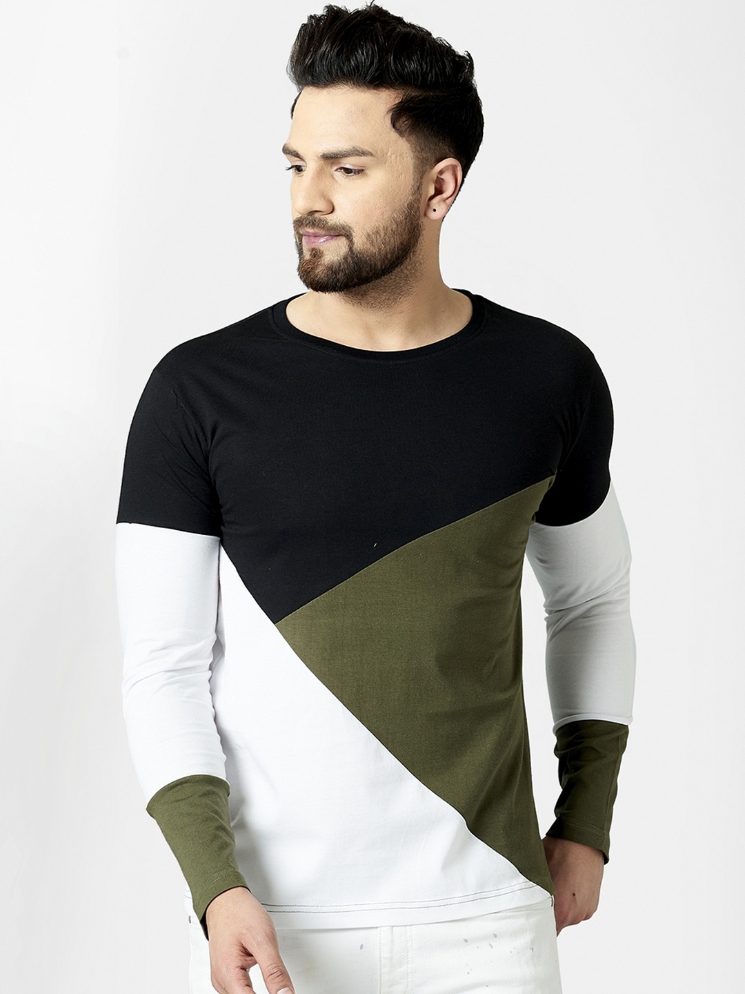

Rodzen Men Olive Green & White Colourblocked Round Neck T-shirt