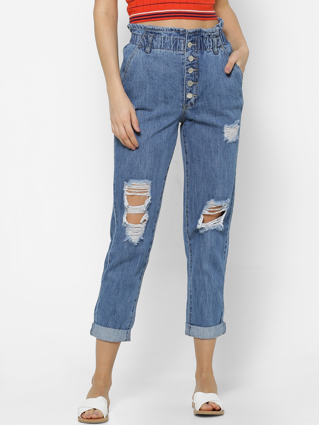 

FOREVER 21 Women Blue Regular Fit Mid-Rise Highly Distressed Jeans