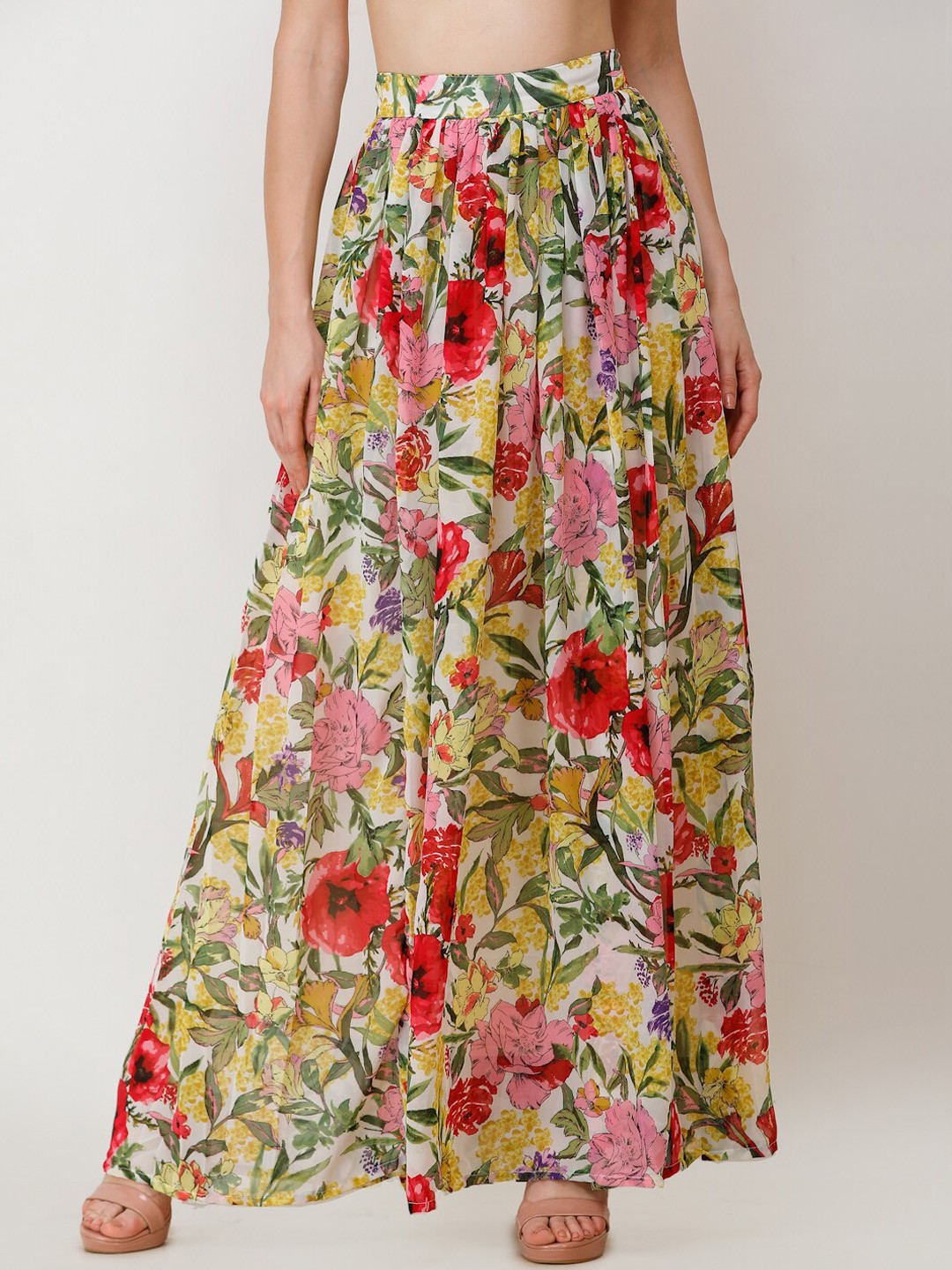 

SCORPIUS Women Green & Red Floral Printed Flared Maxi Chiffon Skirt