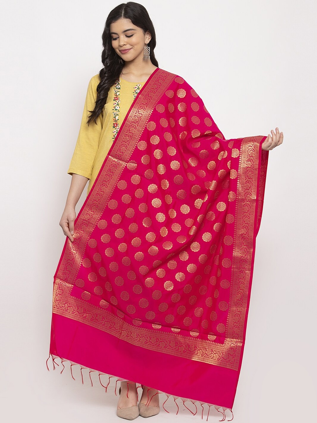 

Clora Creation Magenta & Gold-Toned Banarasi Silk Woven Design Dupatta