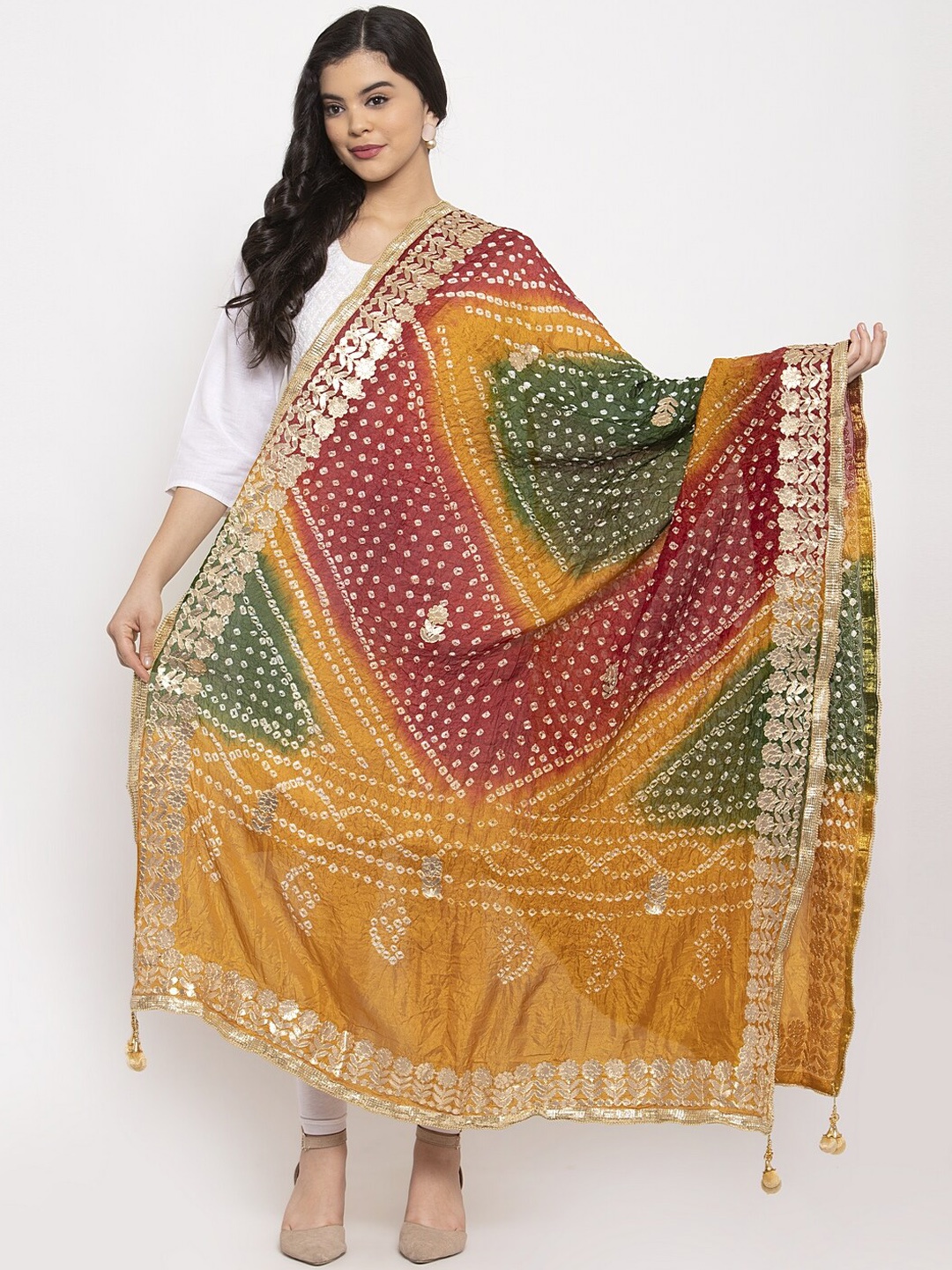 

Clora Creation Multicoloured Printed Bandhani Gotta Patti Silk Dupatta, Multi
