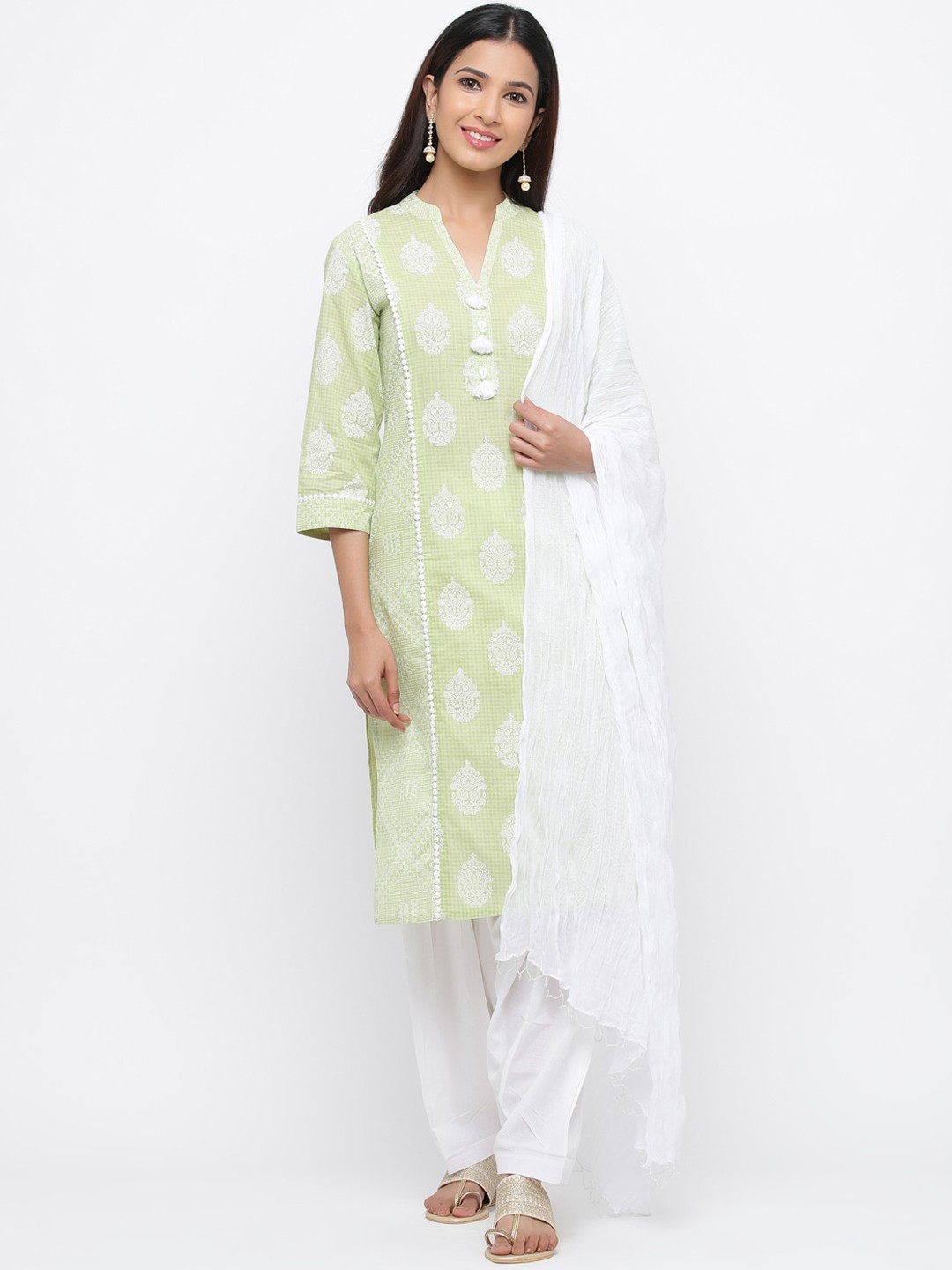 

Jaipur Kurti Women Green & White Printed Kurta with Churidar & Dupatta