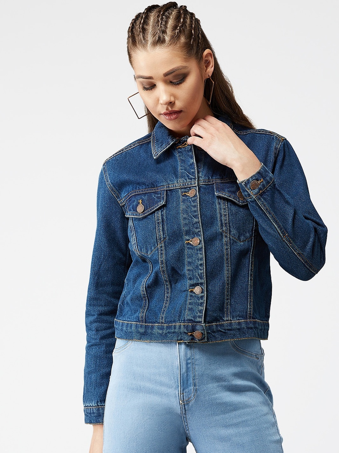 

Kotty Women Navy Blue Solid Denim Crop Jacket