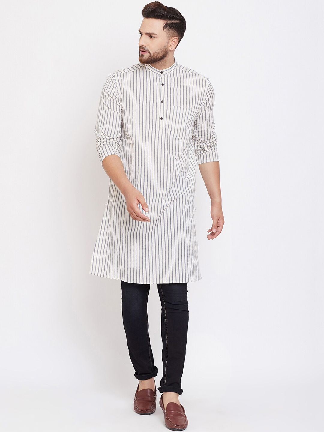 

even Men Off-White & Blue Striped Straight Kurta