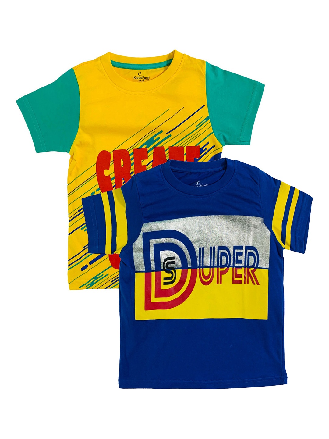 

KiddoPanti Boys Blue Yellow Pack of 2 Printed Round Neck Pure Cotton T-shirts