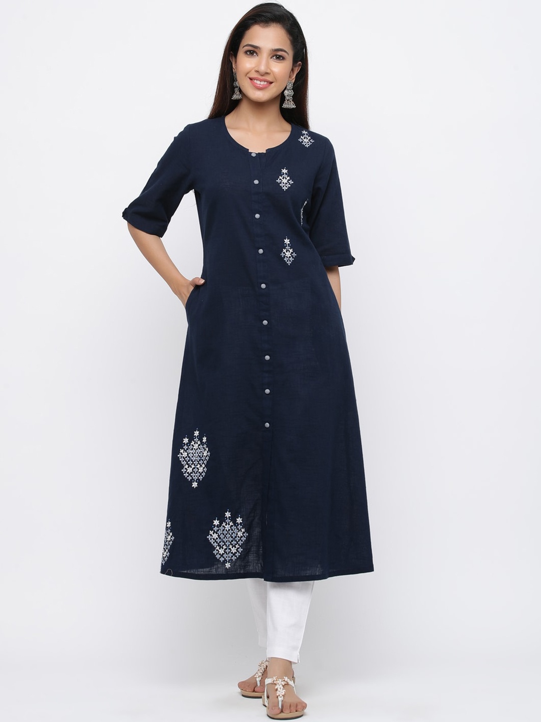 

Jaipur Kurti Women Navy Blue Embroidered A-Line Kurta