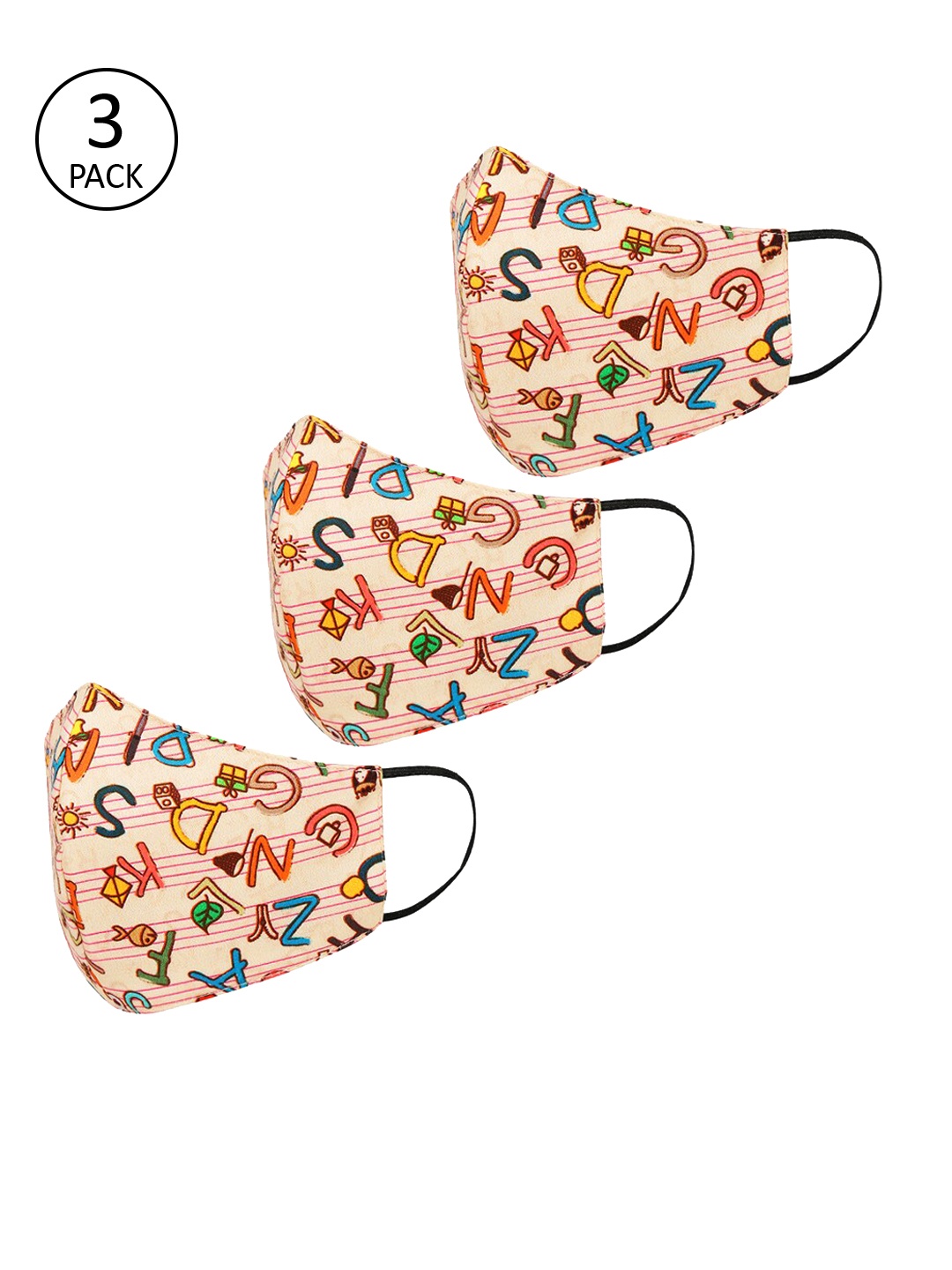 Tossido Kids Pack Of 3 Beige Printed 3-Ply Reusable Cloth Masks