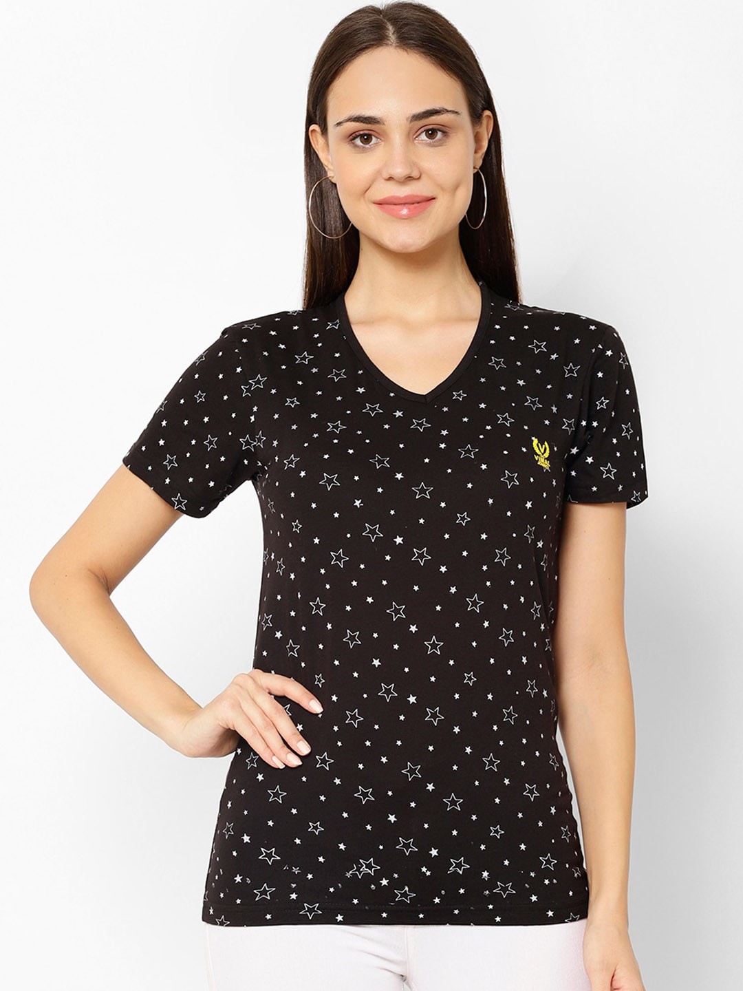 

MACK JONNEY Women Black Printed V-Neck T-shirt