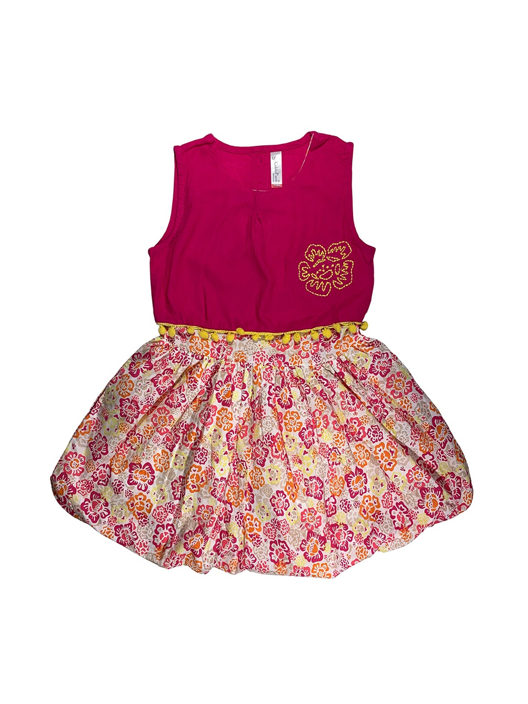 

KiddoPanti Girls Pink Floral Printed Gathered Balloon Dress with Embroidery