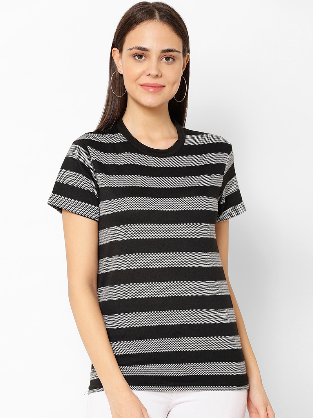 

MACK JONNEY Women Black & Grey Striped Round Neck T-shirt