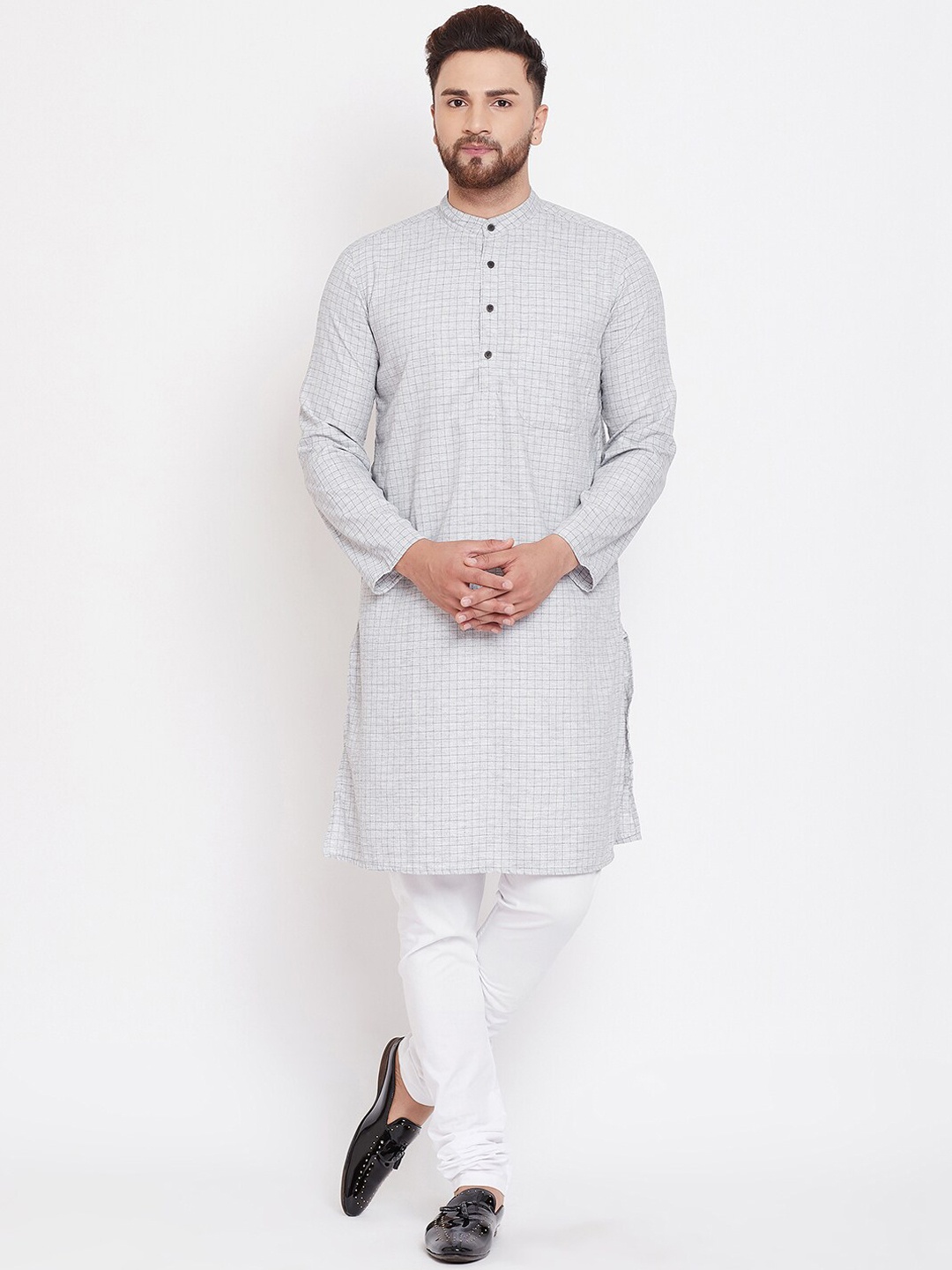 

even Men Grey Checked Straight Kurta