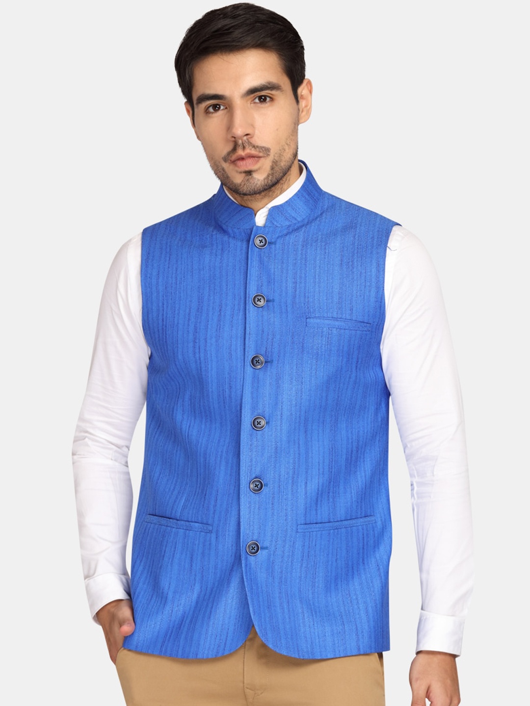 

Theme Men Blue Solid Woven Nehru Jacket