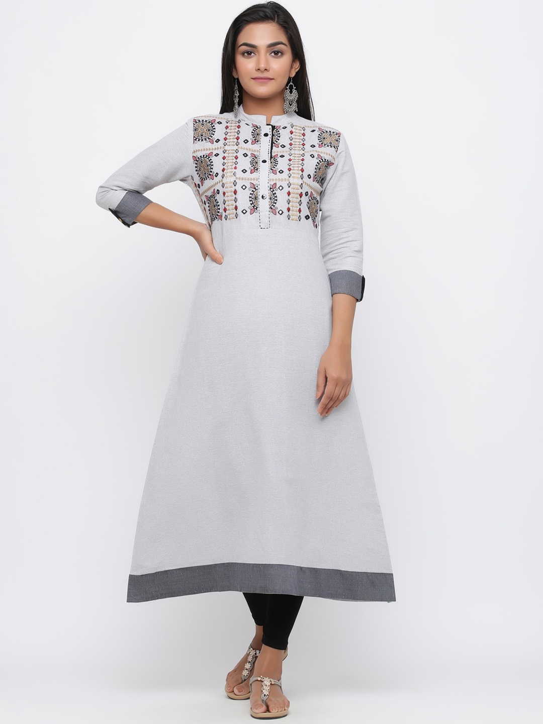 

Silai Bunai Women Grey Embroidered Handloom A-Line Kurta