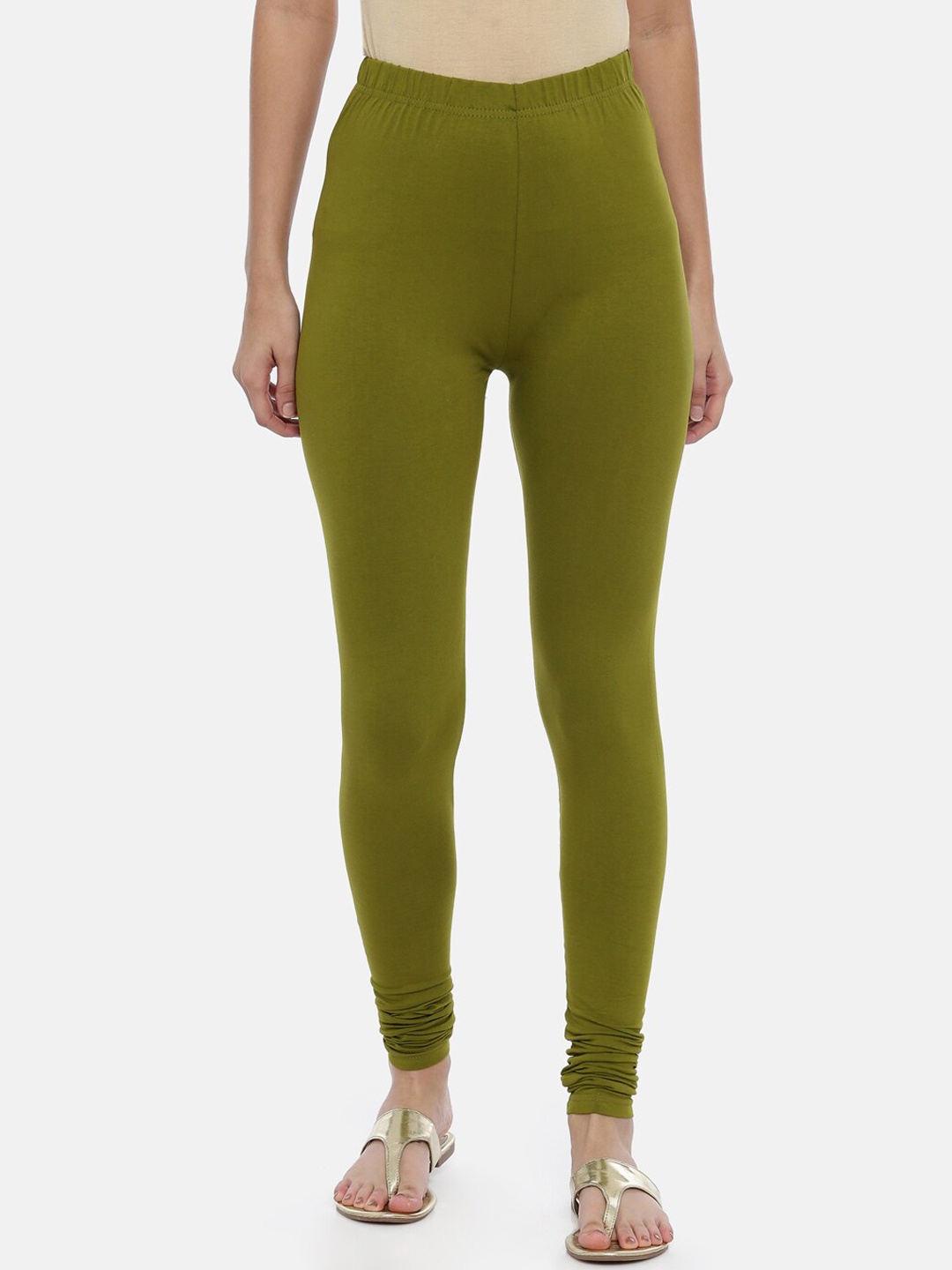

Souchii Women Olive Green Solid Slim-Fit Churidar-Length Leggings