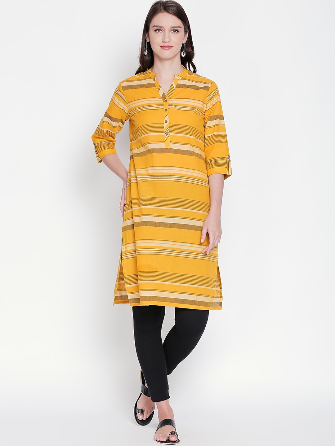 

RANGMANCH BY PANTALOONS Women Yellow Striped Straight Kurta