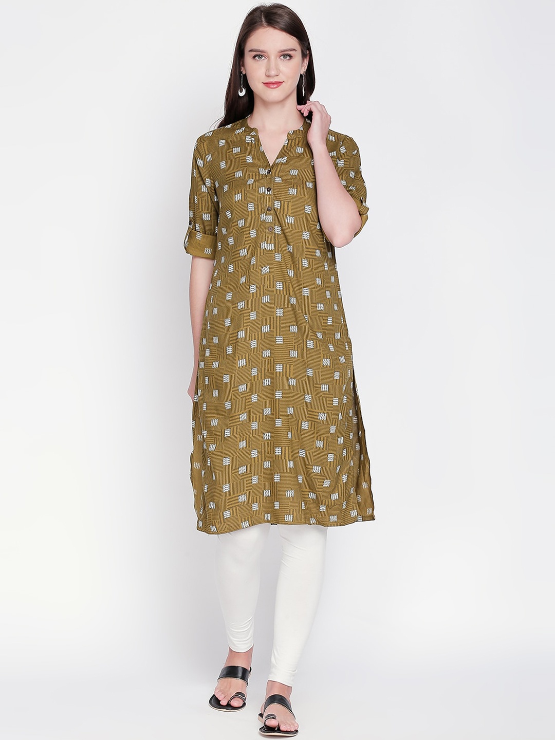 

RANGMANCH BY PANTALOONS Women Olive Green Straight Kurta