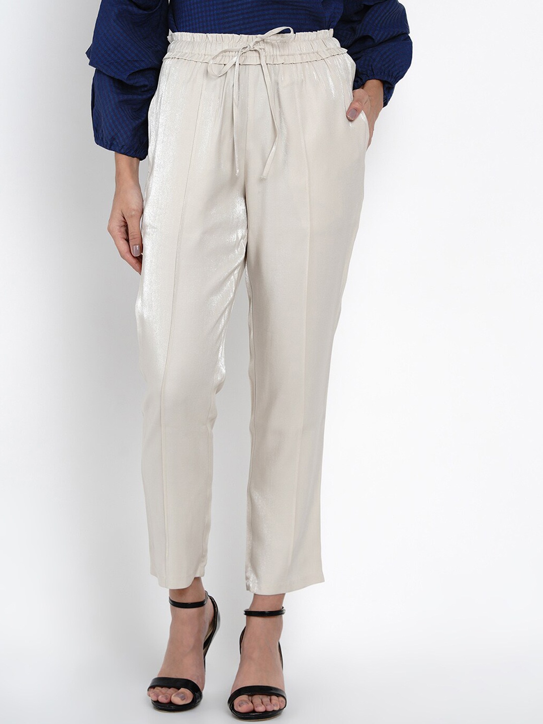 

Latin Quarters Women Off-White Slim Fit Sheen Cigarette Trousers