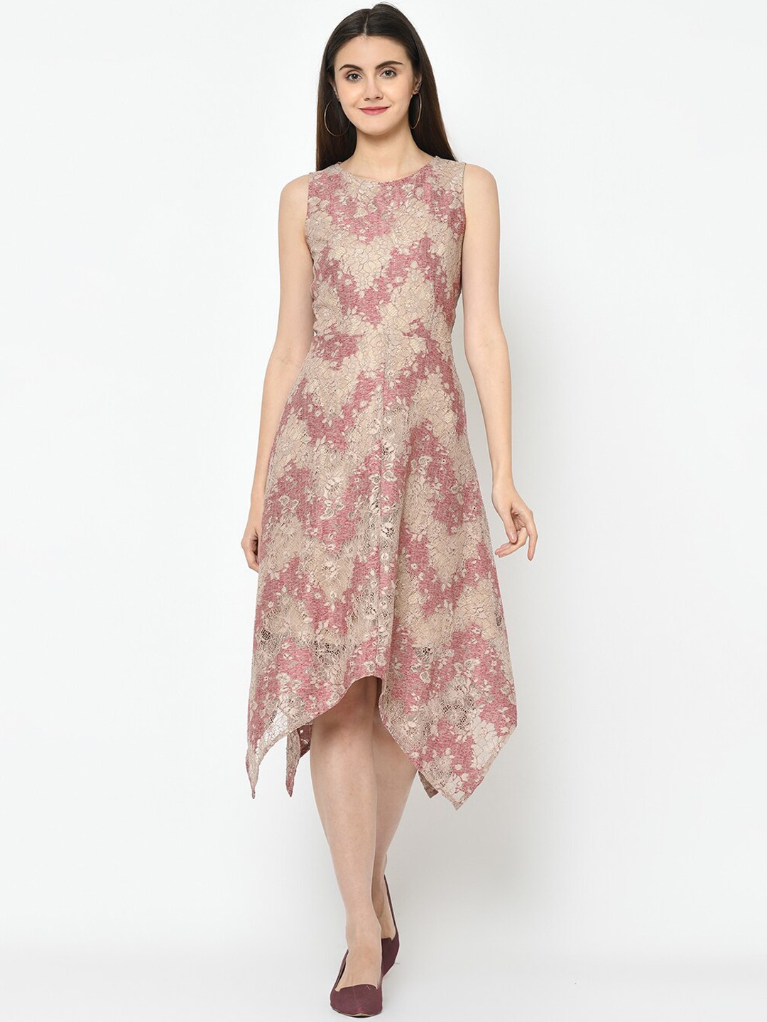 

Latin Quarters Women Red & Beige Self Design Fit and Flare Lace Dress