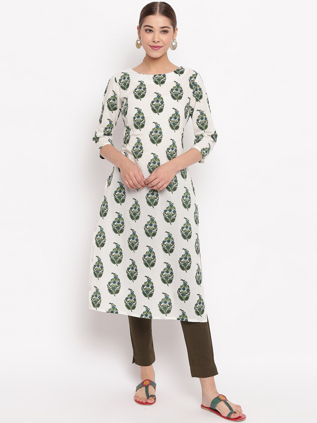 

Janasya Women White & Green Printed Straight Kurta