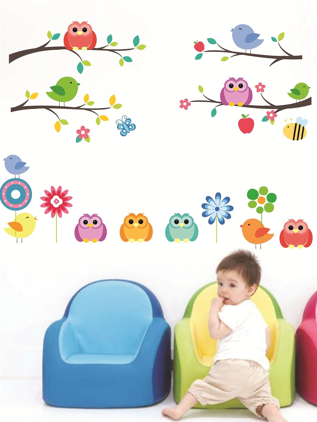 

WALLSTICK Multicolored Birds On Trees Large Vinyl Wall Sticker, Multi