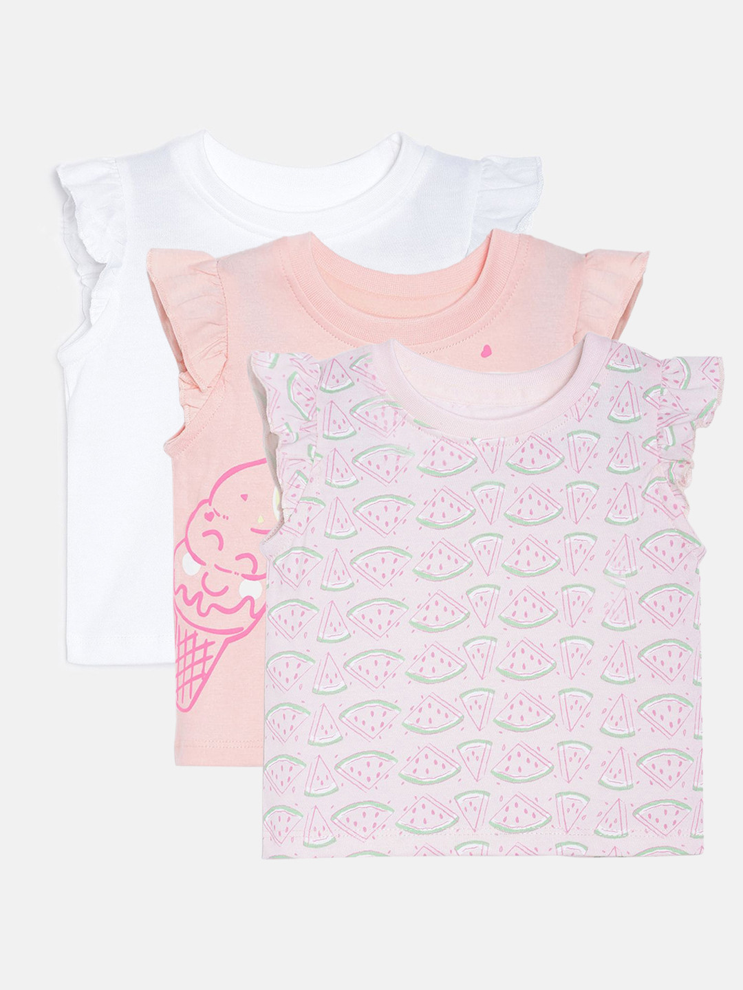 

MINI KLUB Girls Pack Of 3 Printed Knitted Pure Cotton Tops, Pink