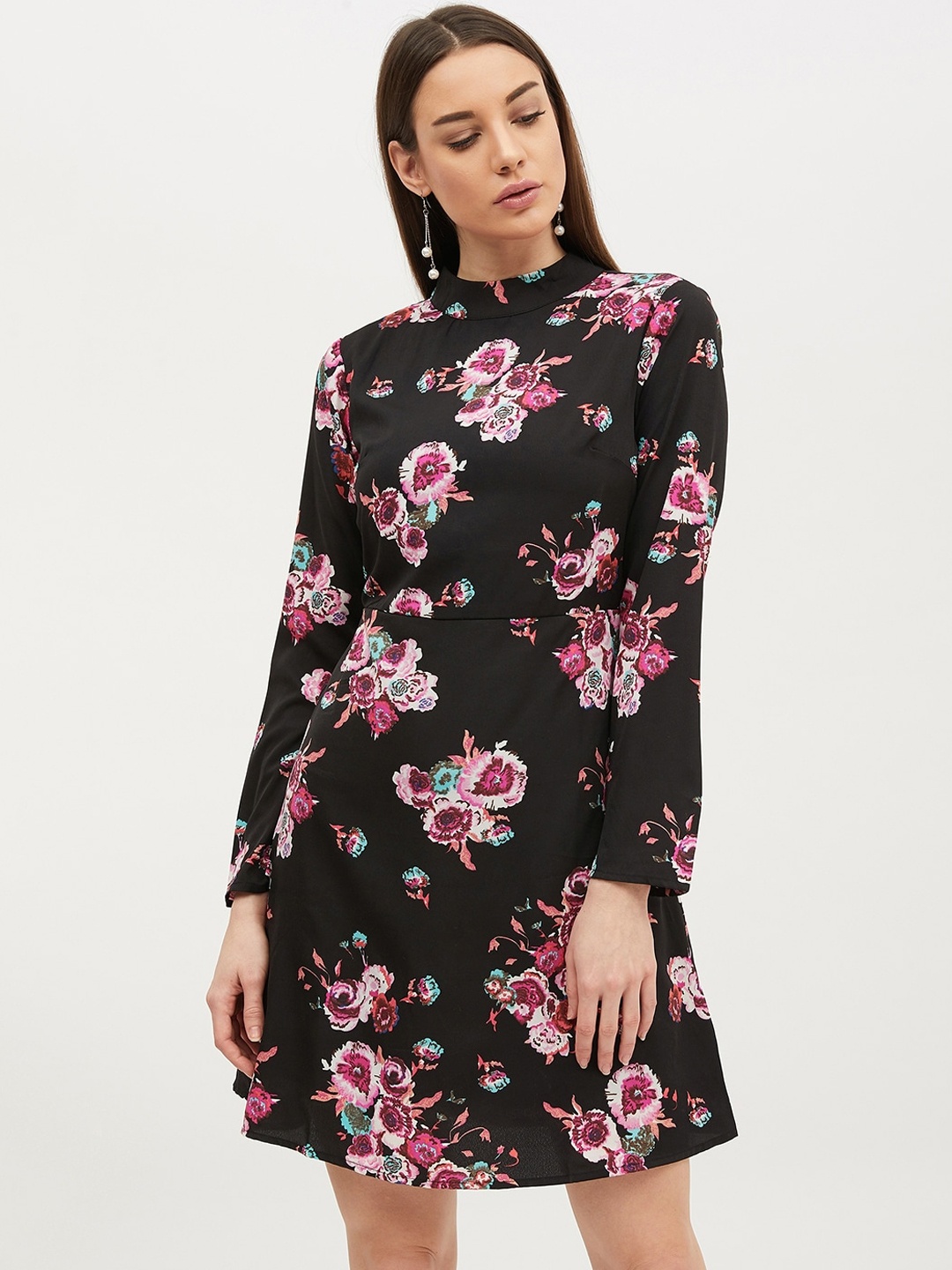

Harpa Women Black & Pink Floral Printed A-Line Dress