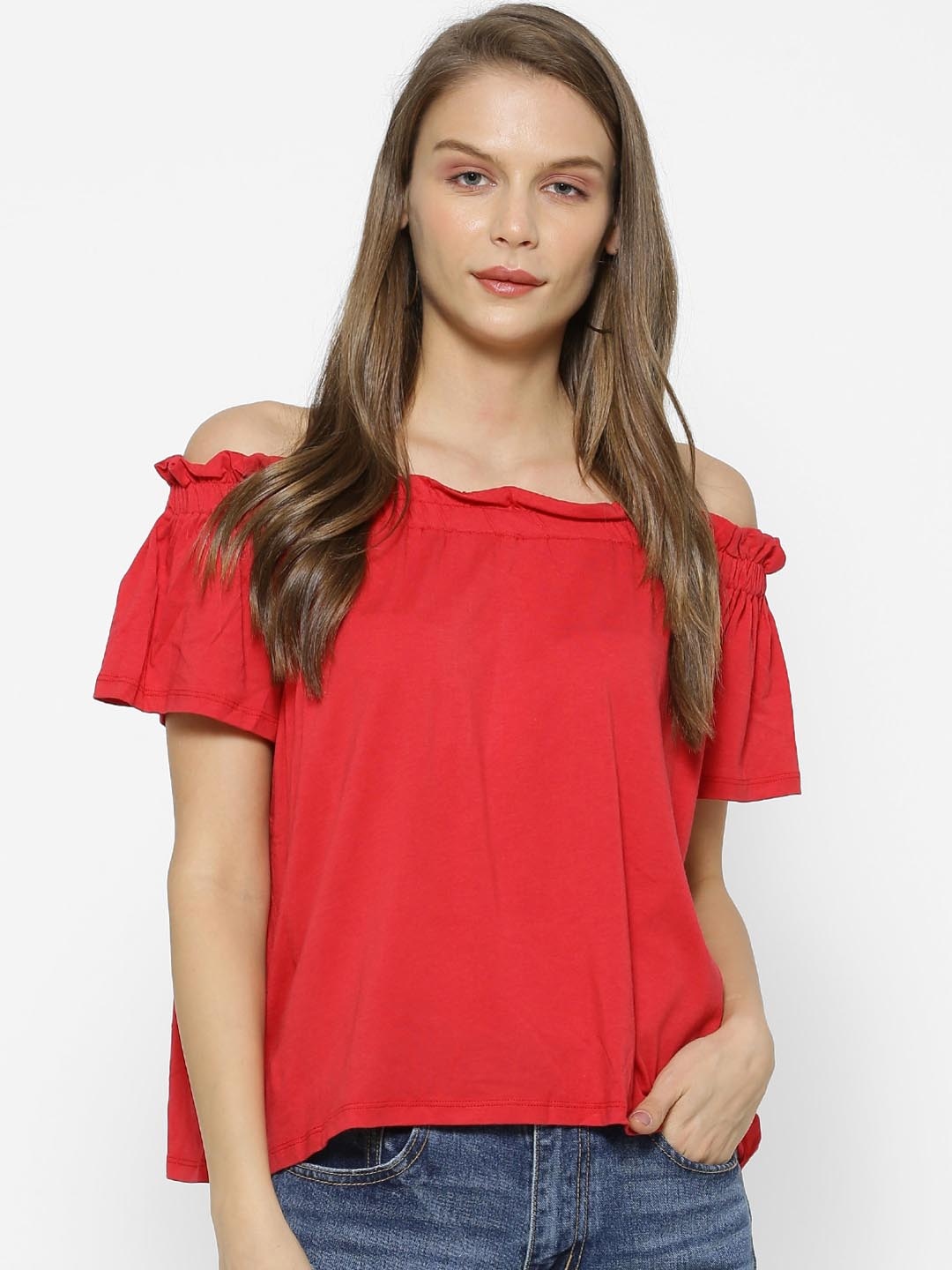 

FOREVER 21 Women Red Solid Bardot Top