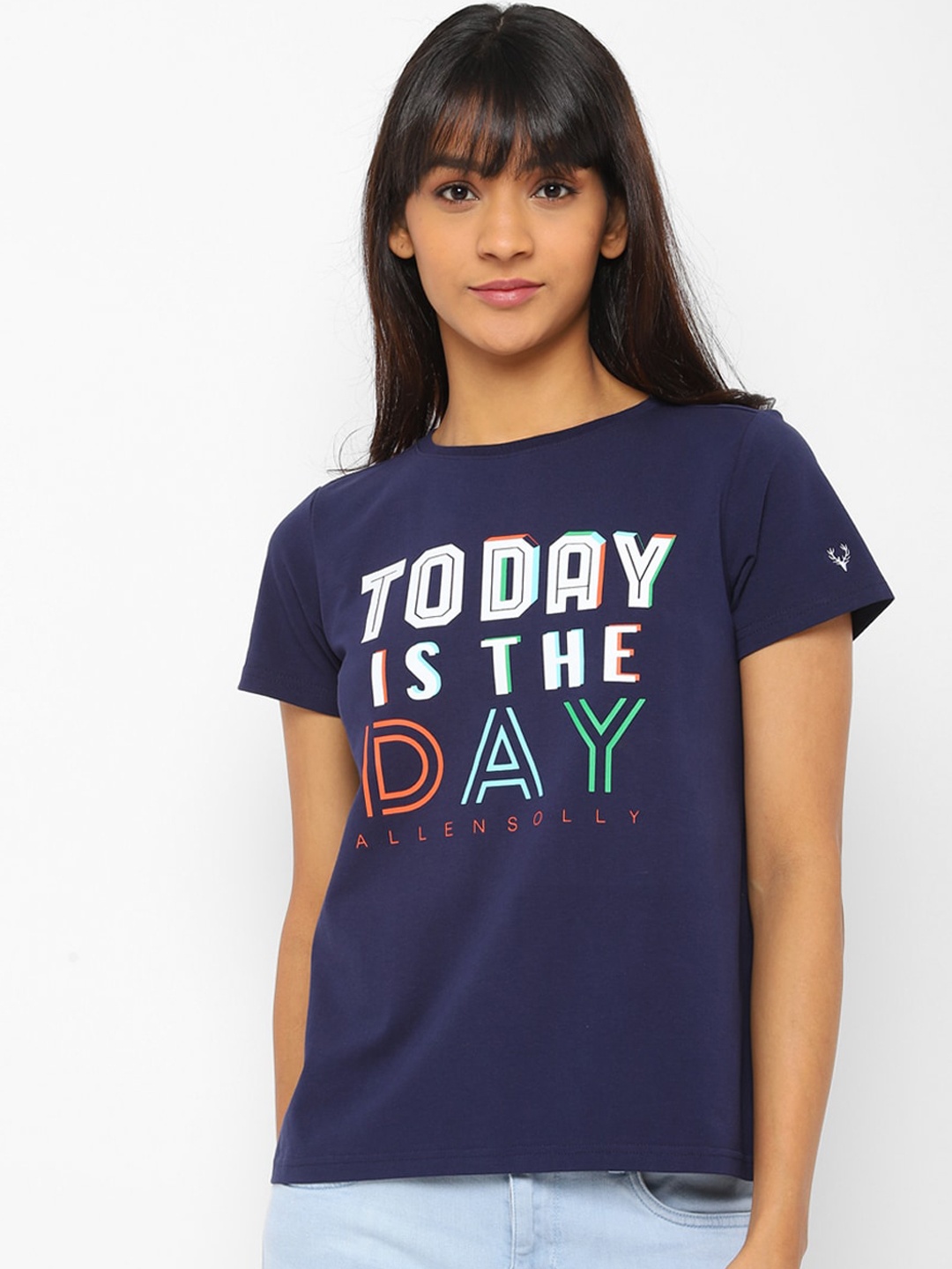 Allen Solly Woman Women Navy Blue Printed Round Neck T-shirt