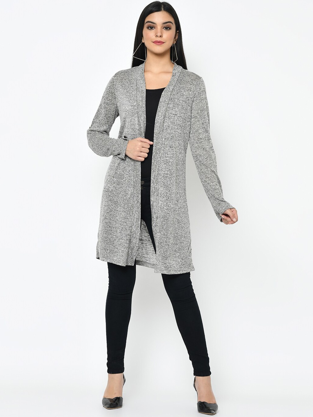 

Latin Quarters Women Grey Solid Knitted Jacquard Open Front Shrug