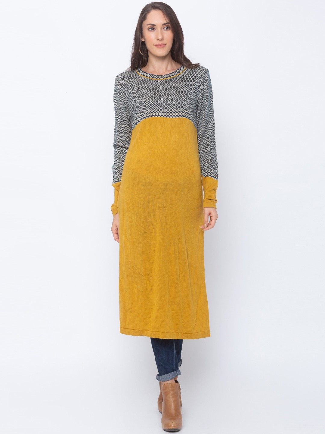 

Globus Women Mustard Yellow & Blue Colourblocked Straight Kurta