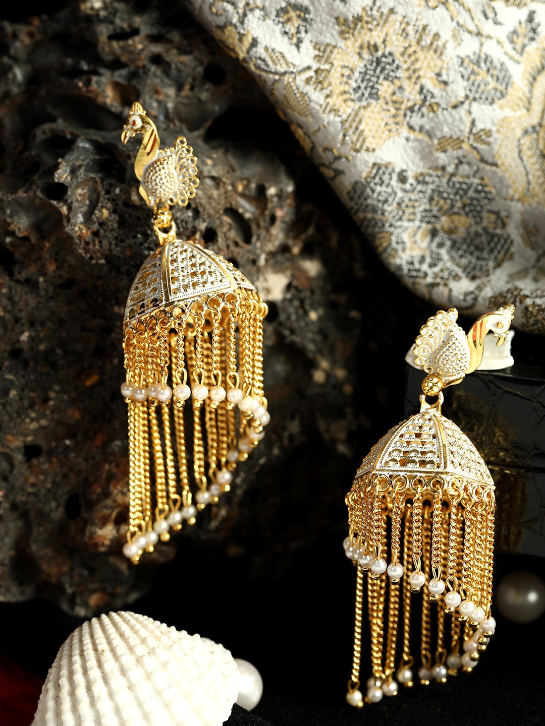 

ANIKAS CREATION White & Gold Dome Shaped Tasselled Jhumkas