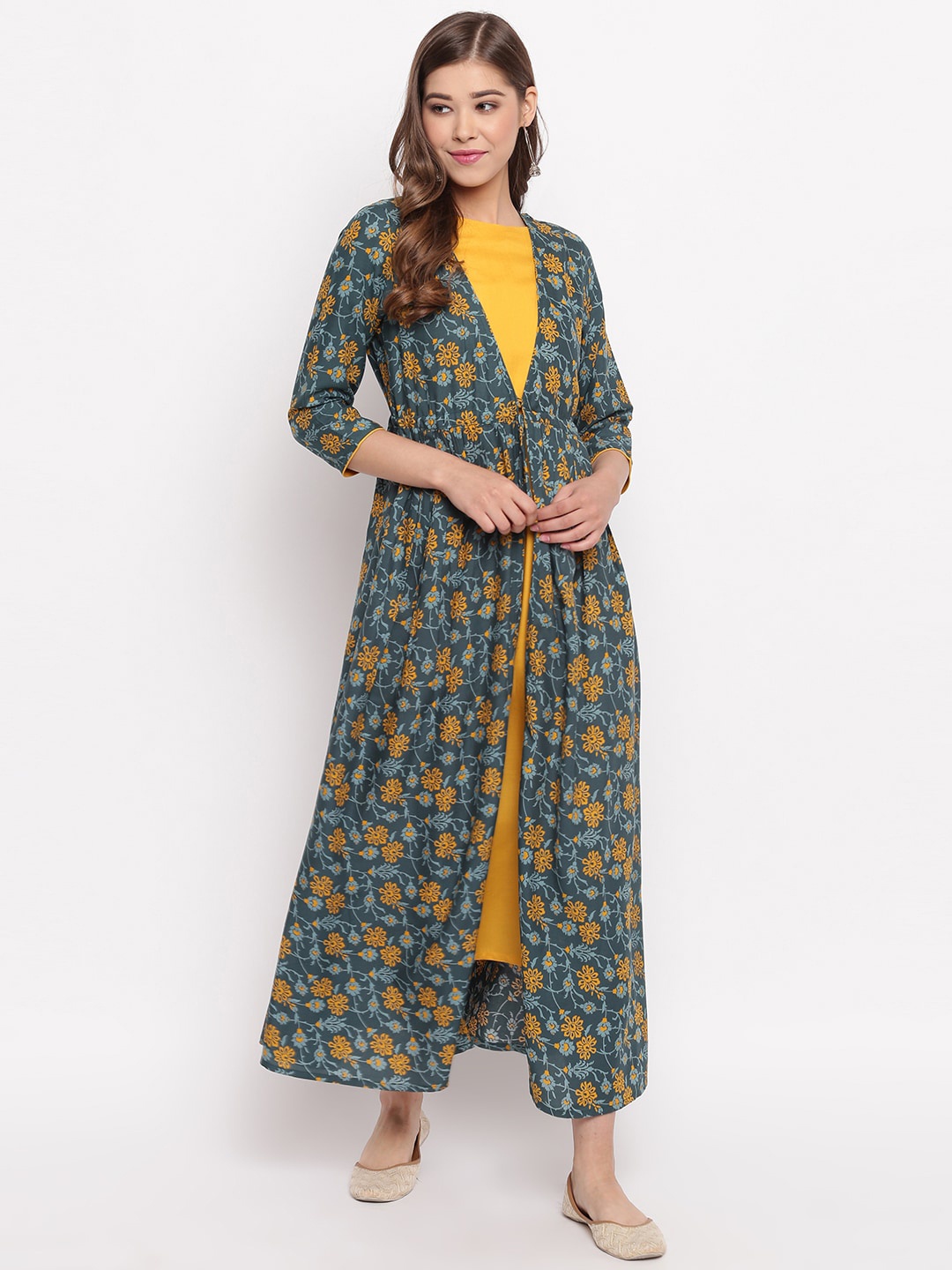 

Janasya Women Green Printed Maxi Dress