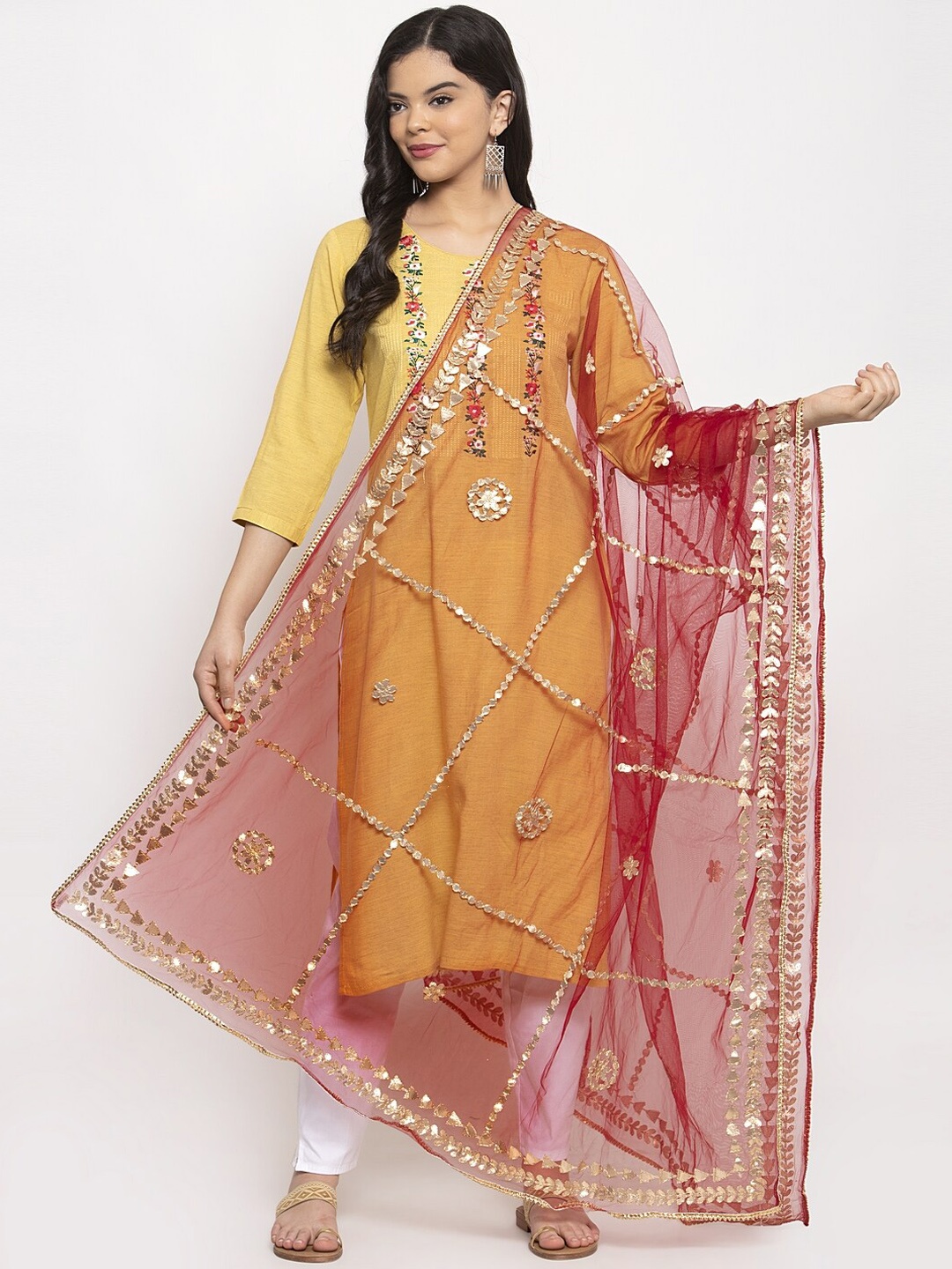 

Clora Creation Maroon & Gold-Toned Gotta Patti Embellished Dupatta