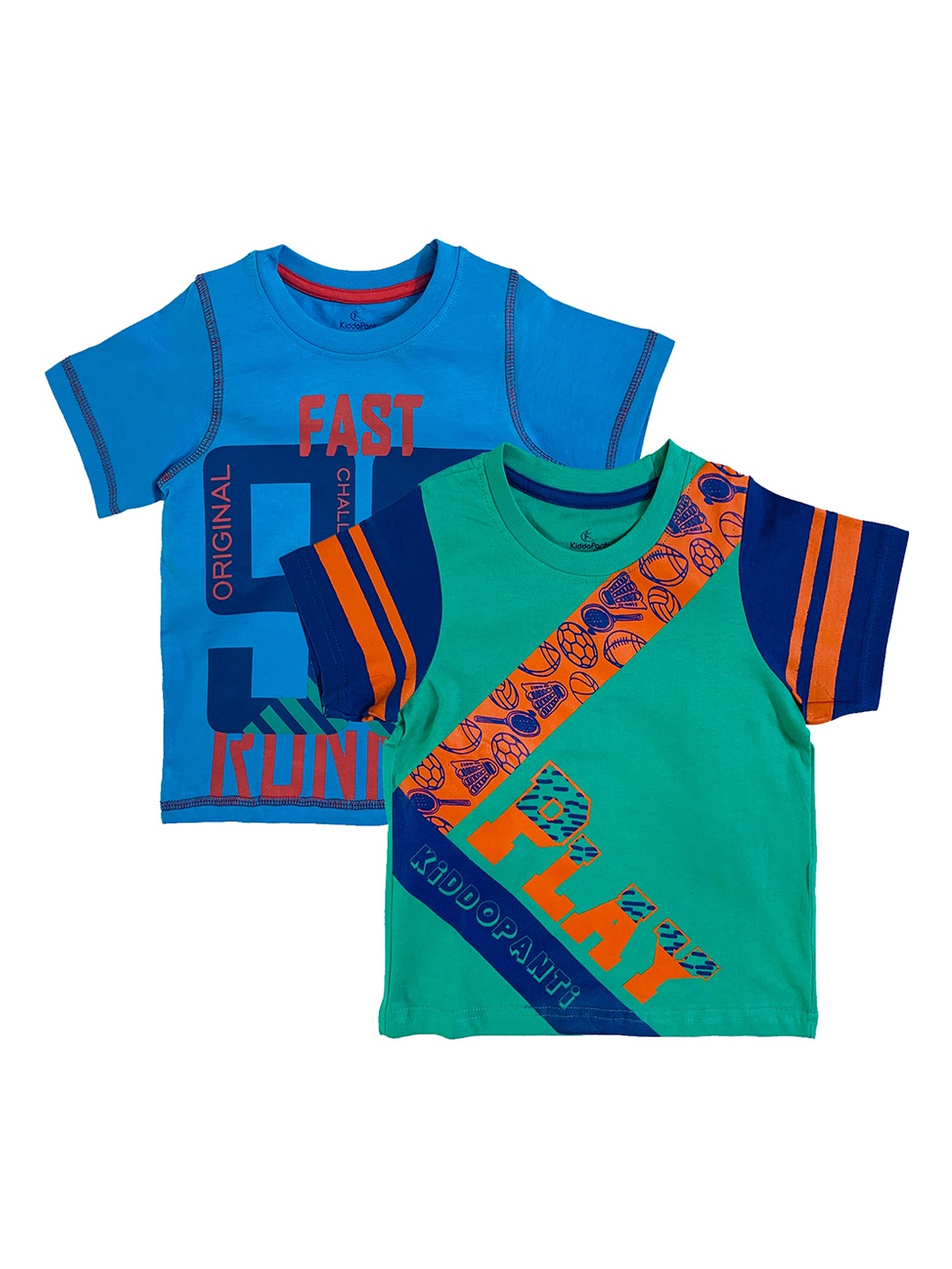 

KiddoPanti Boys Blue Teal Green Pack of 2 Printed Round Neck Pure Cotton T-shirt
